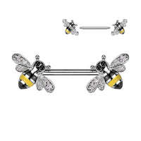 Bumble Bee Nipple Barbell Rings with Clear Pave Gem Wings 316L Surgical Steel