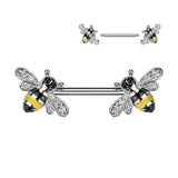 Bumble Bee Nipple Barbell Rings with Clear Pave Gem Wings 316L Surgical Steel