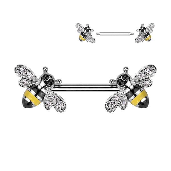 Bumble Bee Nipple Barbell Rings with Clear Pave Gem Wings 316L Surgical Steel
