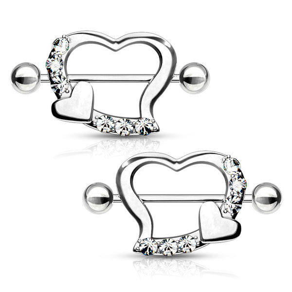 Pave Gem Heart Shield Nipple Barbell Rings 316L Surgical Steel