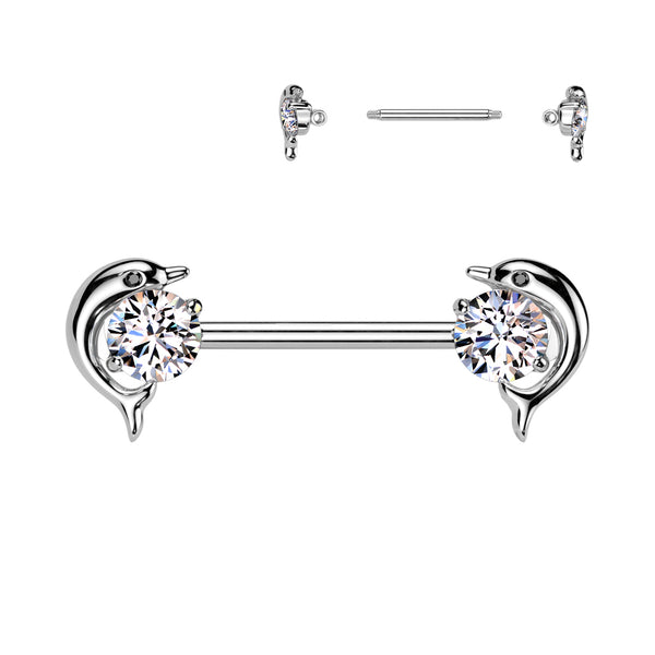 316L Surgical Steel CZ Gem Dolphin End Nipple Barbell Rings Pair