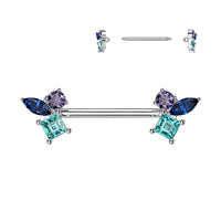 Purple and Blue Multi-Gem Nipple Barbell Ring Pair 316L Surgical Steel