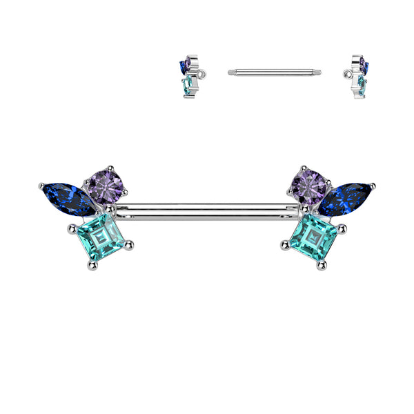 Purple and Blue Multi-Gem Nipple Barbell Ring Pair 316L Surgical Steel