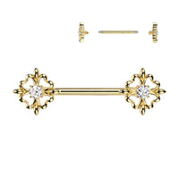 Gold PVD 316L Surgical Steel Gem Fleur De Lis Nipple Barbell Rings Pair
