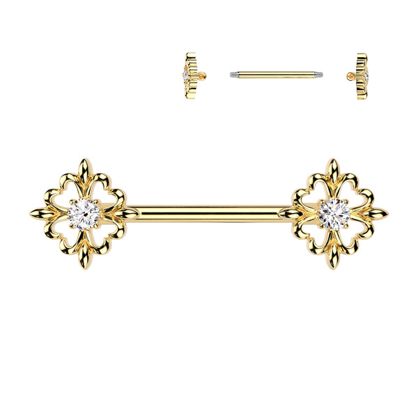 Gold PVD 316L Surgical Steel Gem Fleur De Lis Nipple Barbell Rings Pair