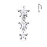 Three Prong Set Star CZ Vertical Top Drop Reverse Dangle Navel Ring