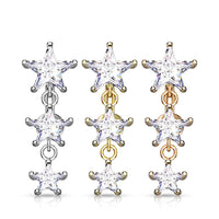 Three Prong Set Star CZ Vertical Top Drop Reverse Dangle Navel Ring