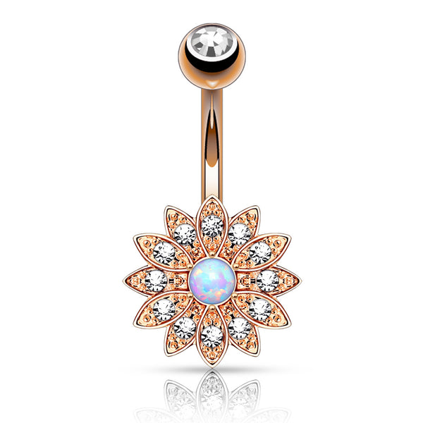 Petite Crystal Paved Flower with Opal Center Fixed Navel Ring