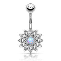 Petite Crystal Paved Flower with Opal Center Fixed Navel Ring