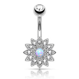 Petite Crystal Paved Flower with Opal Center Fixed Navel Ring