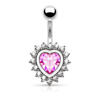 316L Surgical Steel Heart Shape Paved CZ Around Large Pink Heart CZ Belly Button Ring