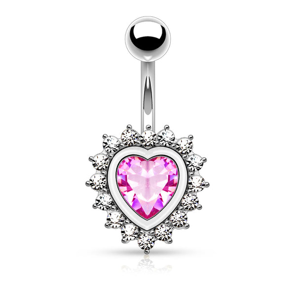 316L Surgical Steel Heart Shape Paved CZ Around Large Pink Heart CZ Belly Button Ring