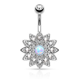 Paved Gem Flower with Opal Center Fixed Navel Ring