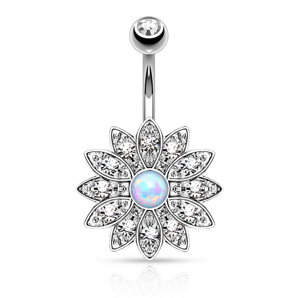 Paved Gem Flower with Opal Center Fixed Navel Ring