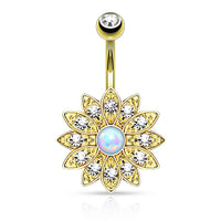 Paved Gem Flower with Opal Center Fixed Navel Ring