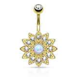 Paved Gem Flower with Opal Center Fixed Navel Ring