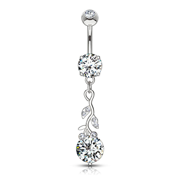 Gemmed Leaf with Large Round CZ Dangle Navel Ring