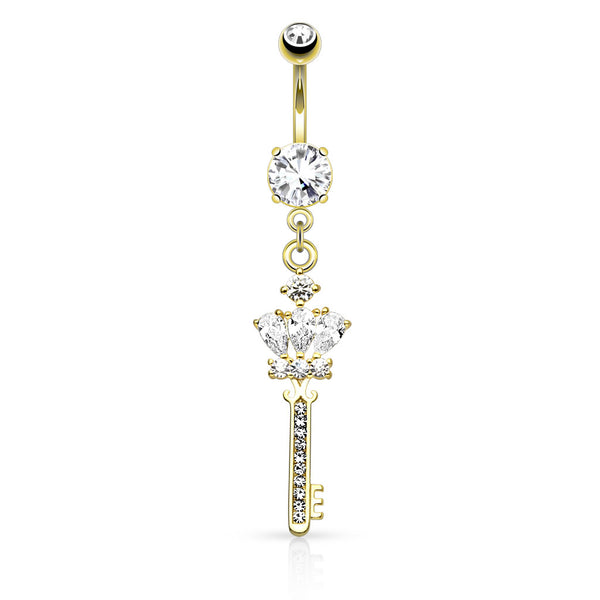 Gold PVD Crown and Key Paved Gem Dangle Navel Ring