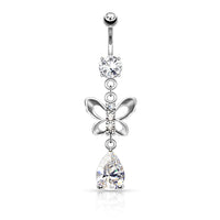316L Surgical Steel Clear CZ Paved Butterfly and Tear Drop Cut CZ Belly Button Ring