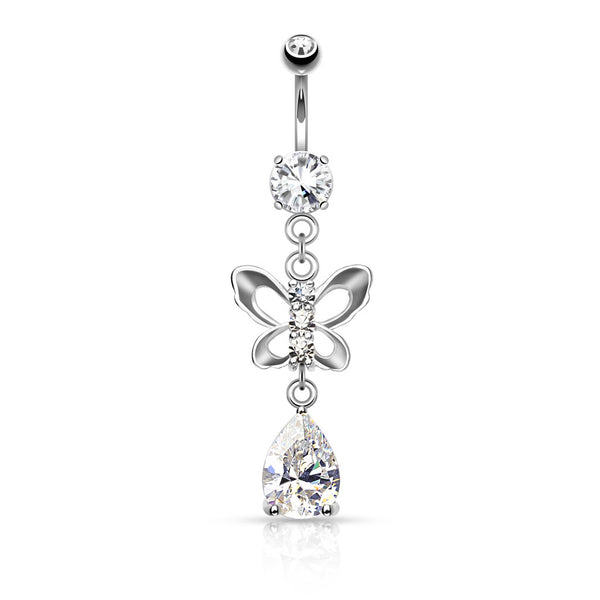 316L Surgical Steel Clear CZ Paved Butterfly and Tear Drop Cut CZ Belly Button Ring