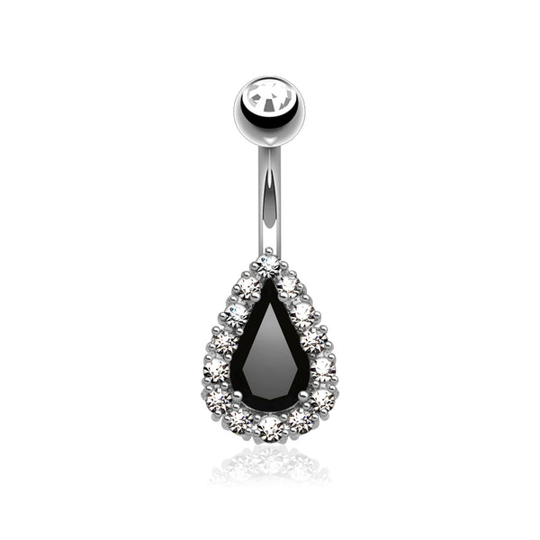 Round CZ Paved Around Prong Set Black Tear Drop CZ Belly Button Rings