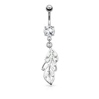 316L Surgical Steel Princess Cut CZ Paved Leaf Dangle Belly Button Ring