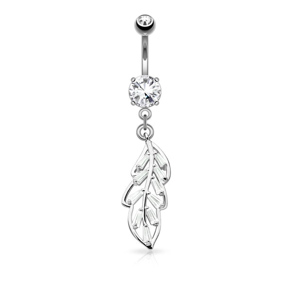 316L Surgical Steel Princess Cut CZ Paved Leaf Dangle Belly Button Ring