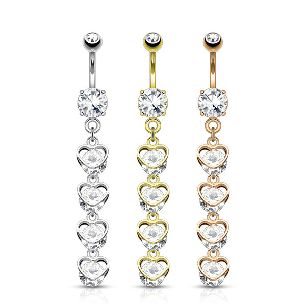 Four Vertical Drop CZ Set Hearts Dangle Navel Ring