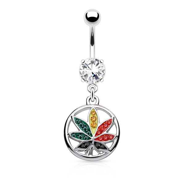 Rasta Multi Color Pave Pot Leaf Marijuana Leaf Dangle Navel Ring