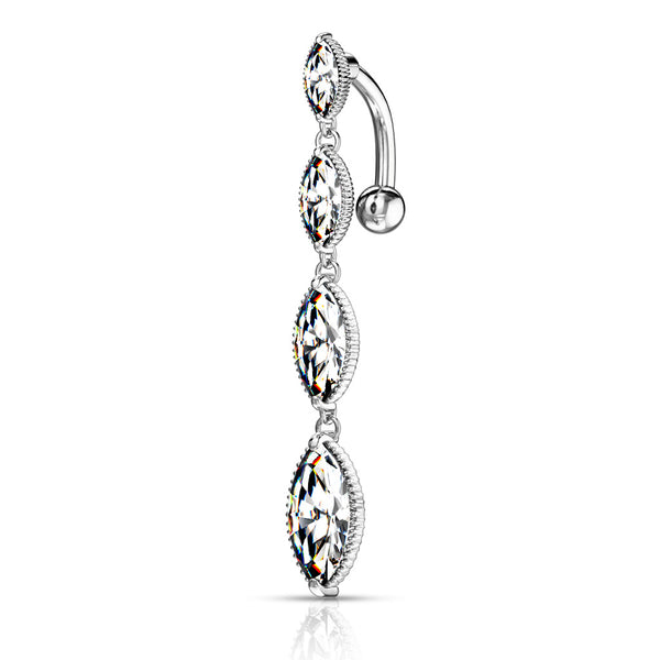 316L Surgical Steel Four Marquise CZ Vertical Top Drop Reverse Dangle Belly Button Navel Ring