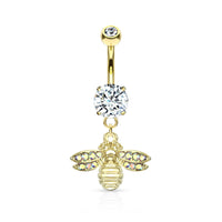 Gold PVD Bee with AB Crystal Paved Wings Dangle Navel Ring