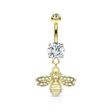 Gold PVD Bee with AB Crystal Paved Wings Dangle Navel Ring