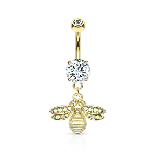 Gold PVD Bee with AB Crystal Paved Wings Dangle Navel Ring