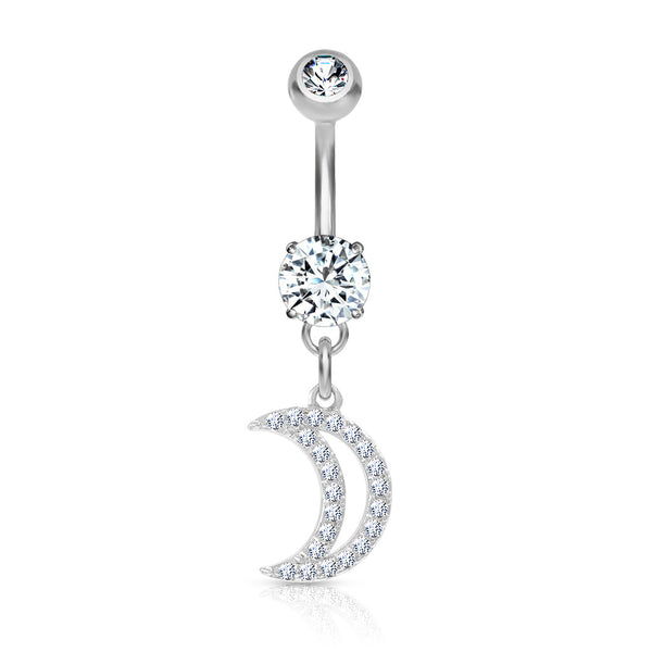 CZ Paved Crescent Moon Dangle Navel Ring
