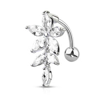 316L Surgical Steel Marquise CZ Flower With Marquise CZ Vines Top Drop Reverse Dangle Belly Button Ring
