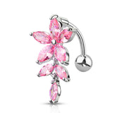 316L Surgical Steel Marquise CZ Flower With Marquise CZ Vines Top Drop Reverse Dangle Belly Button Ring