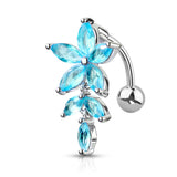 316L Surgical Steel Marquise CZ Flower With Marquise CZ Vines Top Drop Reverse Dangle Belly Button Ring