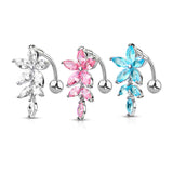 316L Surgical Steel Marquise CZ Flower With Marquise CZ Vines Top Drop Reverse Dangle Belly Button Ring