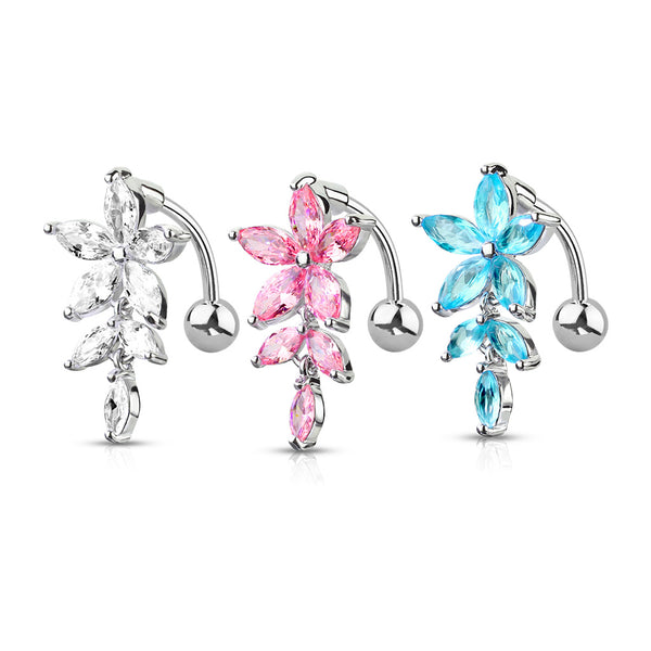 316L Surgical Steel Marquise CZ Flower With Marquise CZ Vines Top Drop Reverse Dangle Belly Button Ring