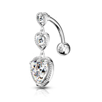 316L Surgical Steel Triple Heart Vertical Drop With Large Heart CZ Bottom Heart Top Drop Reverse Dangle Belly Button Ring