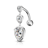 316L Surgical Steel Triple Heart Vertical Drop With Large Heart CZ Bottom Heart Top Drop Reverse Dangle Belly Button Ring