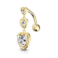 316L Surgical Steel Triple Heart Vertical Drop With Large Heart CZ Bottom Heart Top Drop Reverse Dangle Belly Button Ring