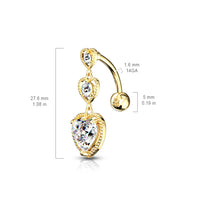 316L Surgical Steel Triple Heart Vertical Drop With Large Heart CZ Bottom Heart Top Drop Reverse Dangle Belly Button Ring