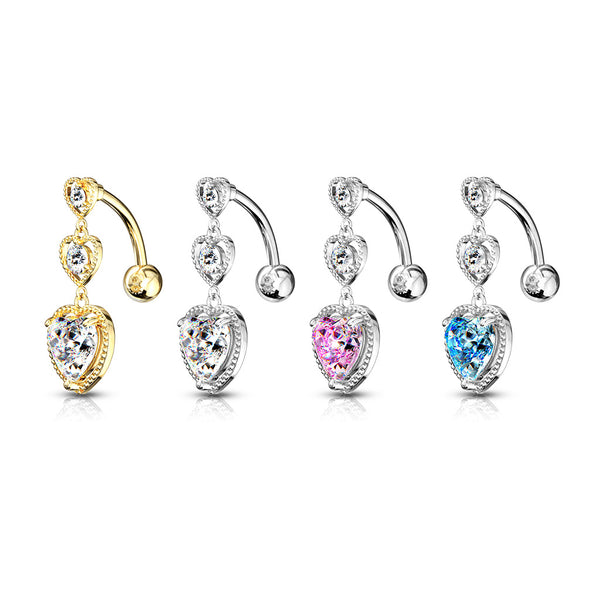 316L Surgical Steel Triple Heart Vertical Drop With Large Heart CZ Bottom Heart Top Drop Reverse Dangle Belly Button Ring