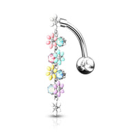 Opalite Crystal Stones and Enamel Flower Multi Colored Reverse Dangle Top Drop Navel