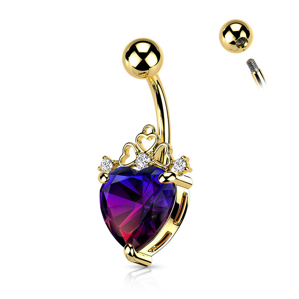 316L Surgical Steel Gold Plated Heart Filigree With Heart Purple Ombre Crystal Belly Button Ring