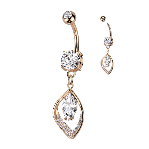 Rose Gold PVD Hollow Pave CZ Leaf and Marquis CZ Center Gem Dangle Navel Ring