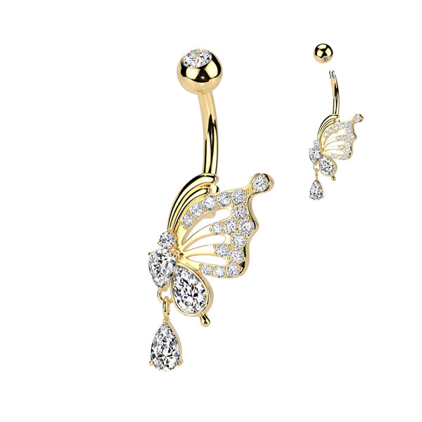 Gold Plated 316L Surgical Steel Pave CZ Butterfly Wing With Teardrop CZ Dangle Belly Button Navel Ring