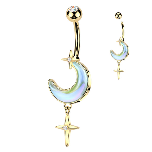 316L Surgical Steel Gold Plated Aurora Borealis Crescent Moon With CZ Star Dangle Belly Button Navel Ring