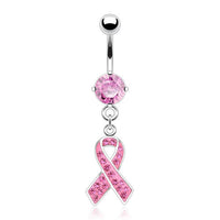 Pink Awareness Ribbon Multi Gem Dangle Navel Ring Breast Cancer Awareness